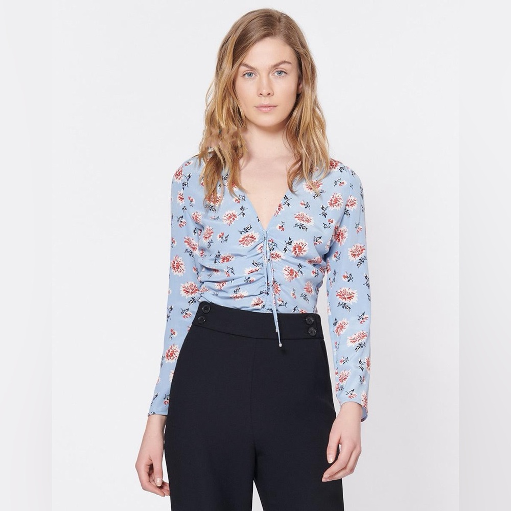 NWT Veronica Beard Maisle Ruched Floral Silk Blouse Blue Red